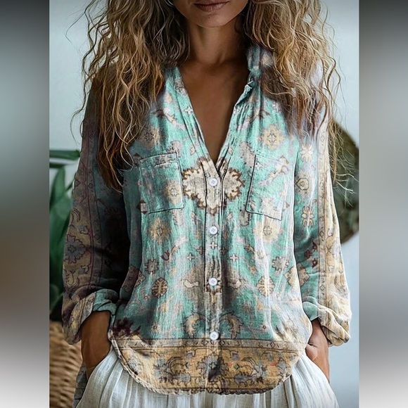 Vintage Western Turquoise Floral Print Top - Picture 6 of 6